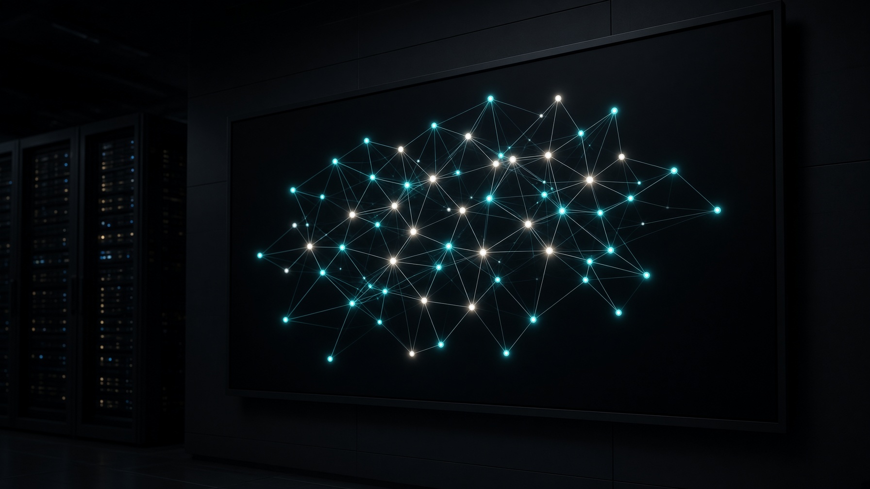 A dark monitor wall showing a swarm of linked agent nodes