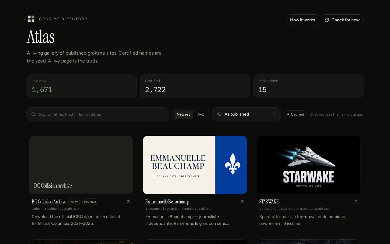 Atlas homepage showing 1,671 live grok.me sites and 2,722 certified names