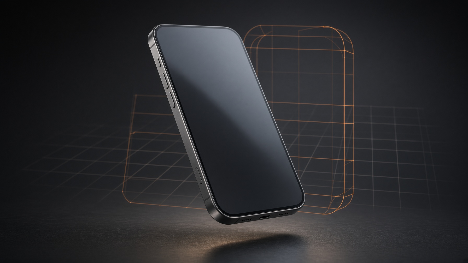 A cinematic 3D smartphone render in a dark studio with viewport-style lighting
