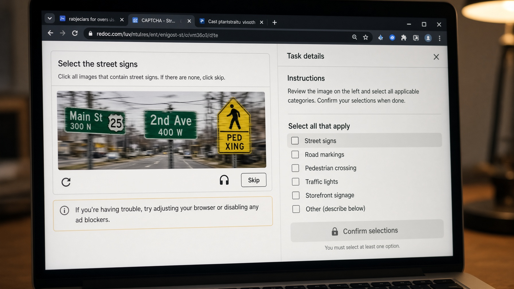 A laptop showing a distorted CAPTCHA next to a gig-work task window