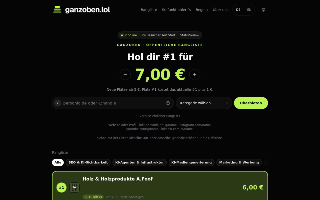 GANZOBEN homepage: a public German ranking board where slots are bid