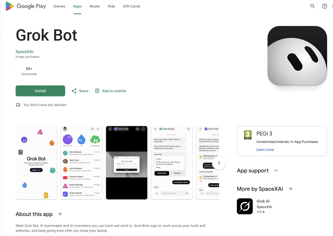 Google Play: Grok Bot by SpaceXAI — 50+ downloads, Install, PEGI 3, in-app purchases