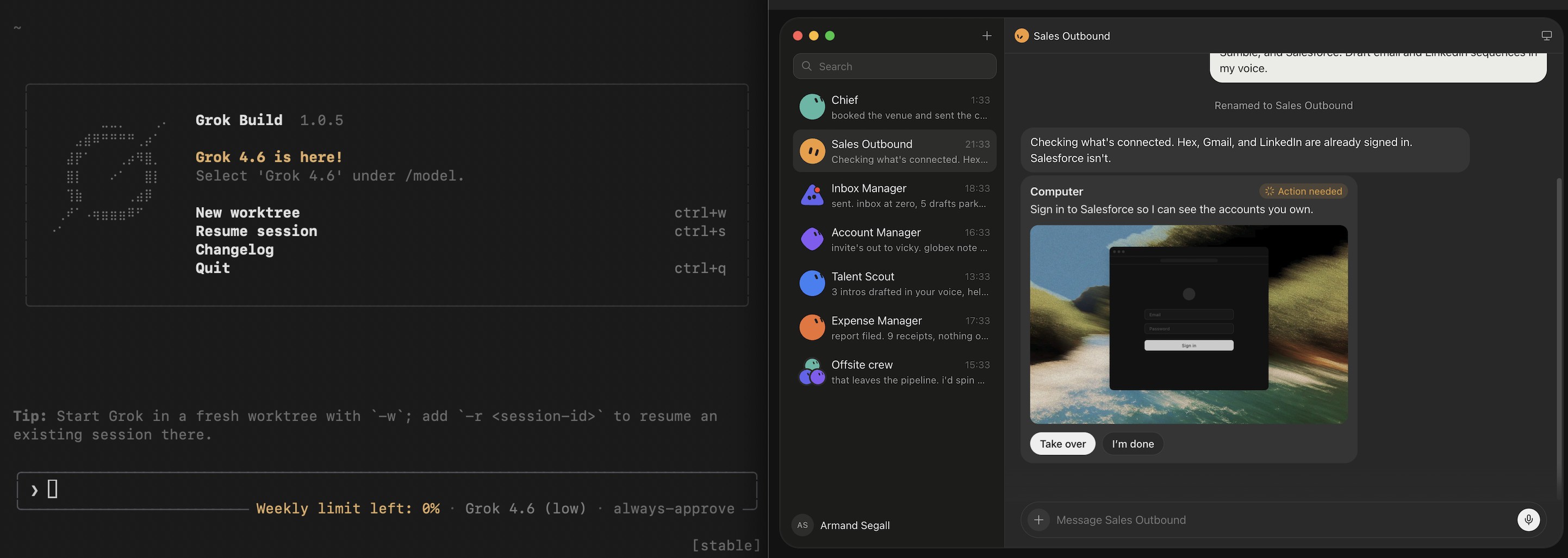 Grok Build terminal beside a Grok Bot Sales Outbound session