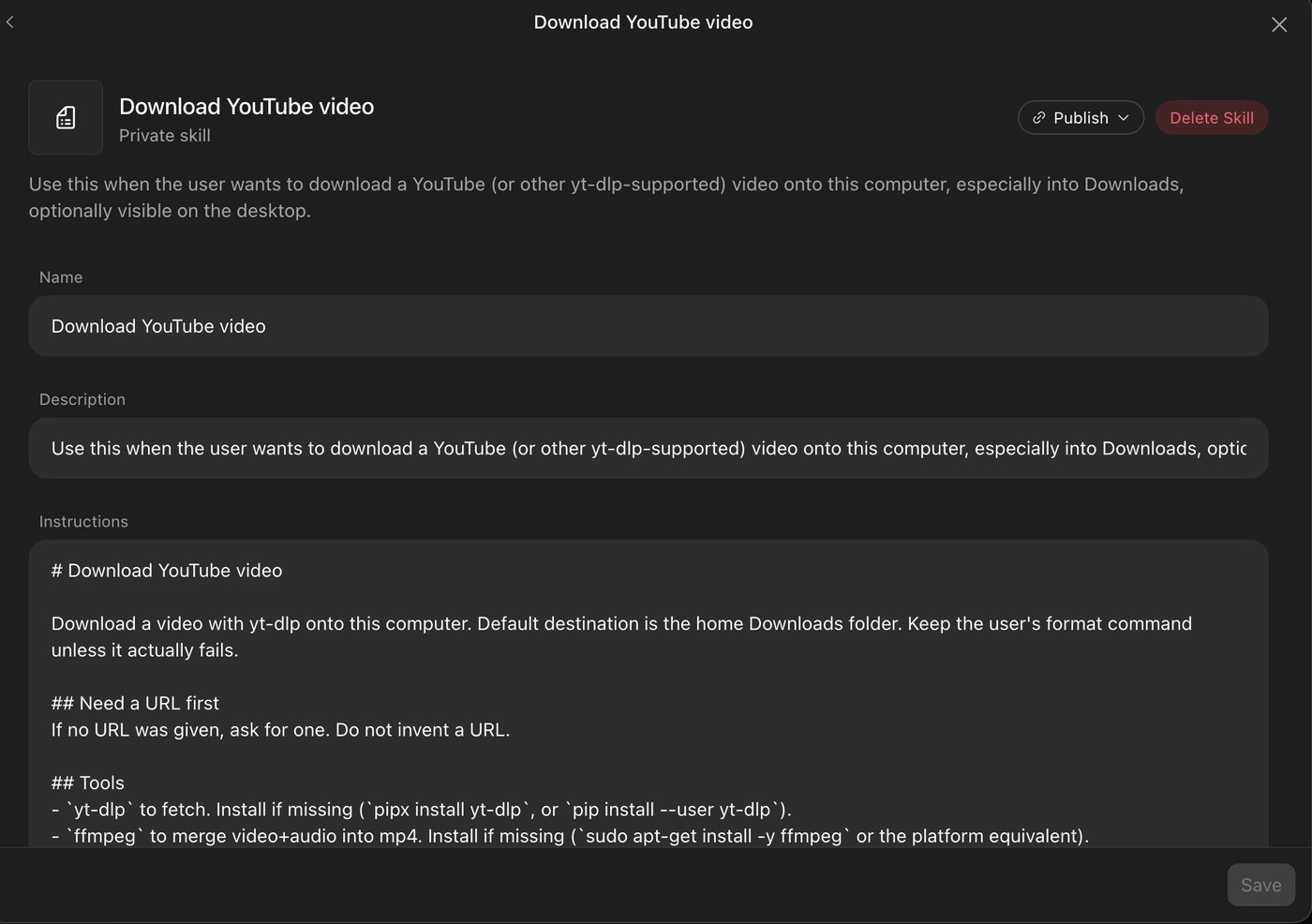 Download YouTube video — private skill in Grok Bot, with Name, Description, and Instructions