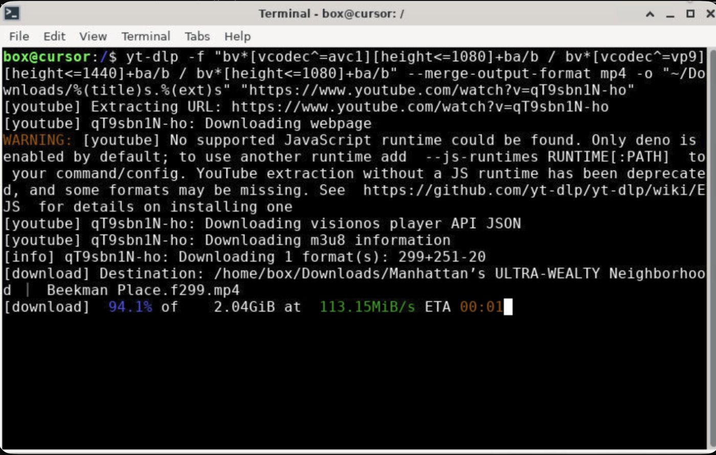 Grok Bot terminal: yt-dlp downloading a YouTube video into Downloads on box@cursor