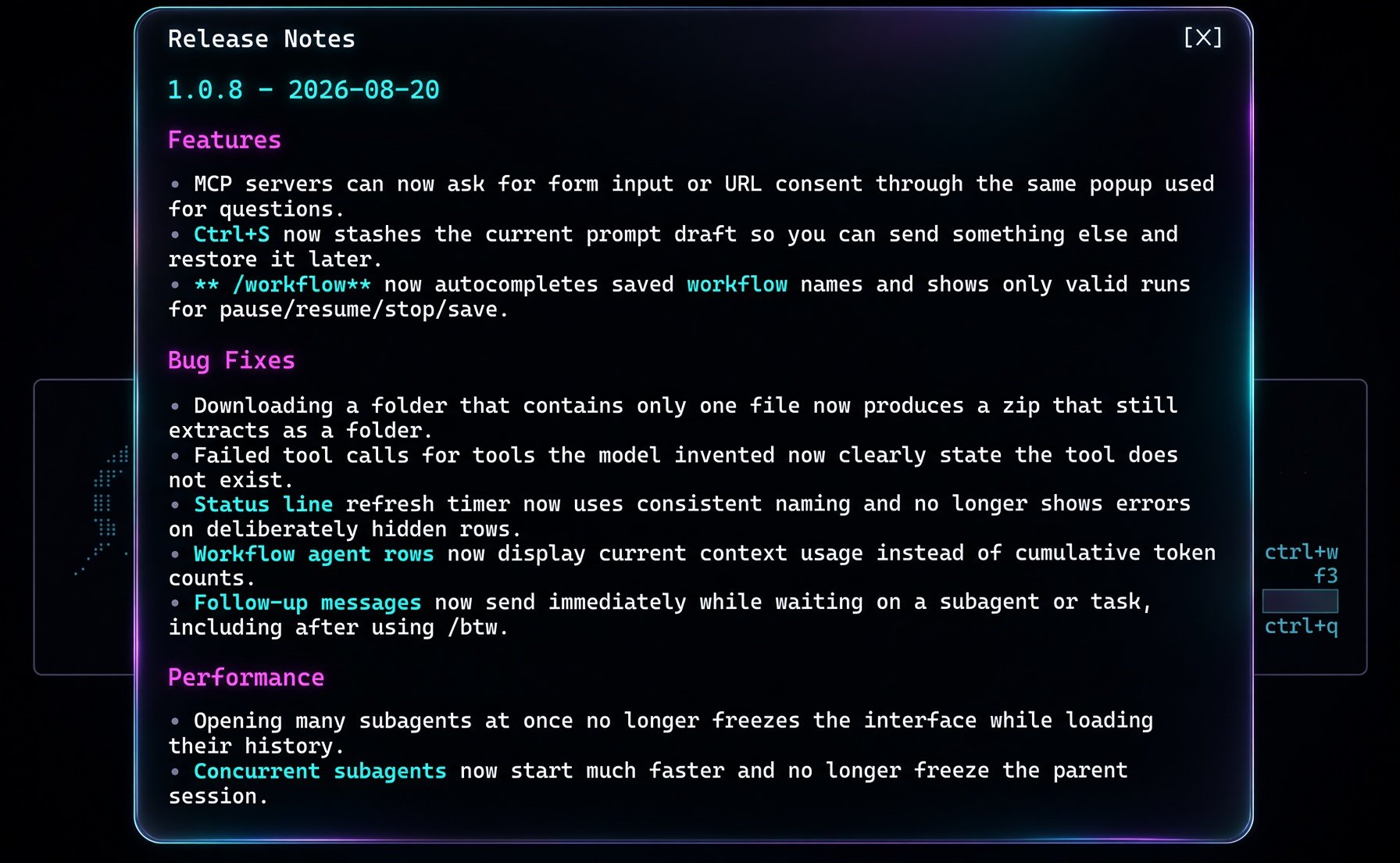 Grok Build 1.0.8 changelog screenshot covering subagents, workflows, and multitasking