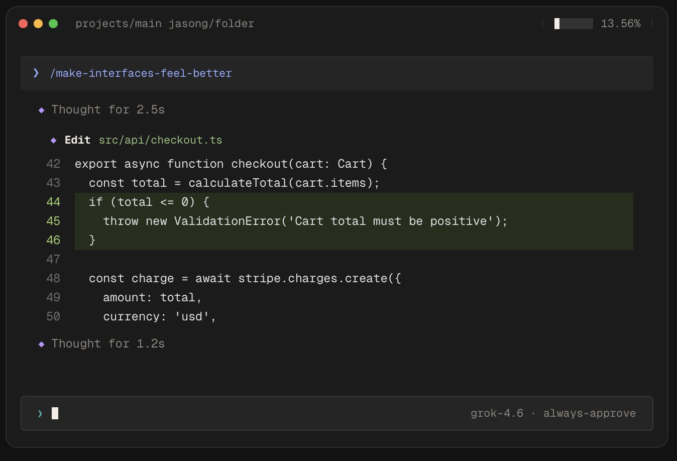 Grok Build in the terminal editing checkout.ts on grok-4.6 always-approve
