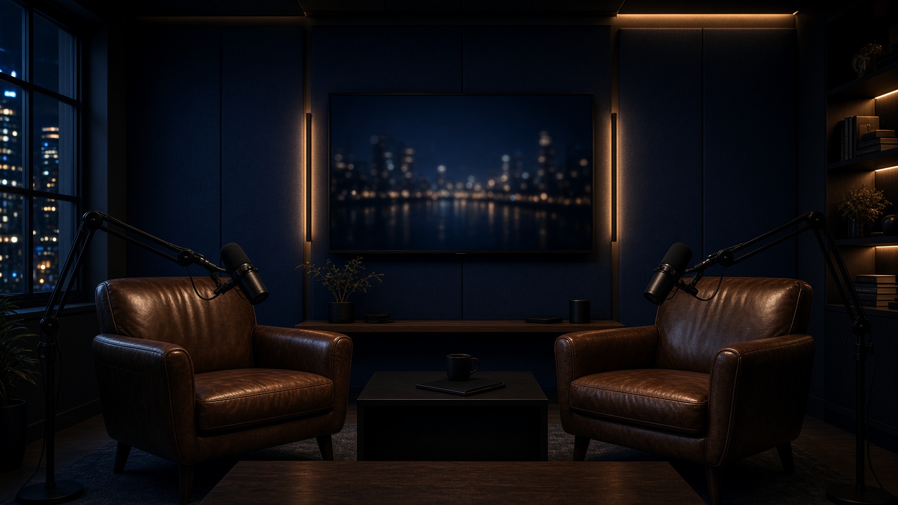 An empty high-end podcast studio with two microphones and dark navy walls