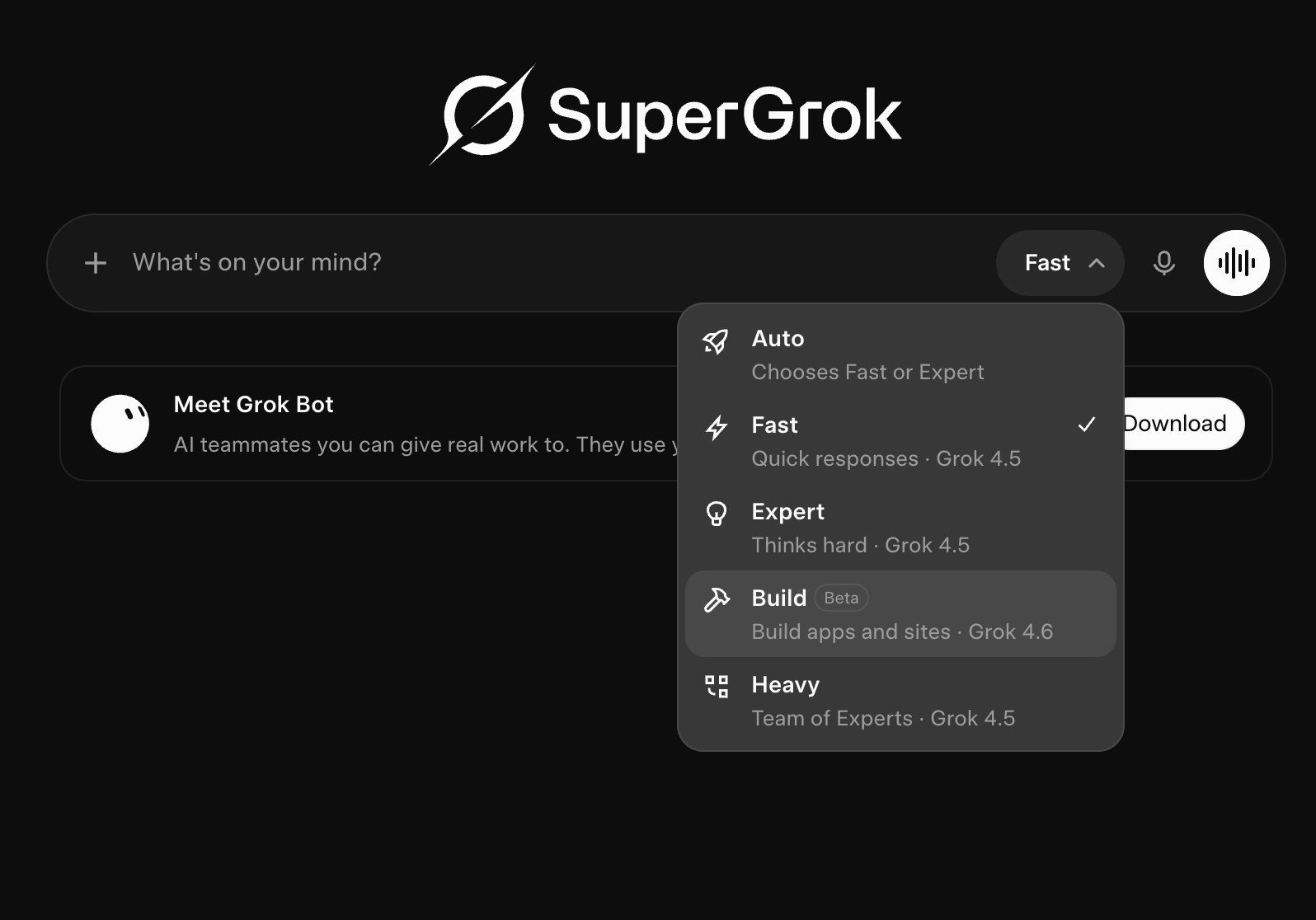 SuperGrok mode menu with Build (Beta) — Build apps and sites on Grok 4.6